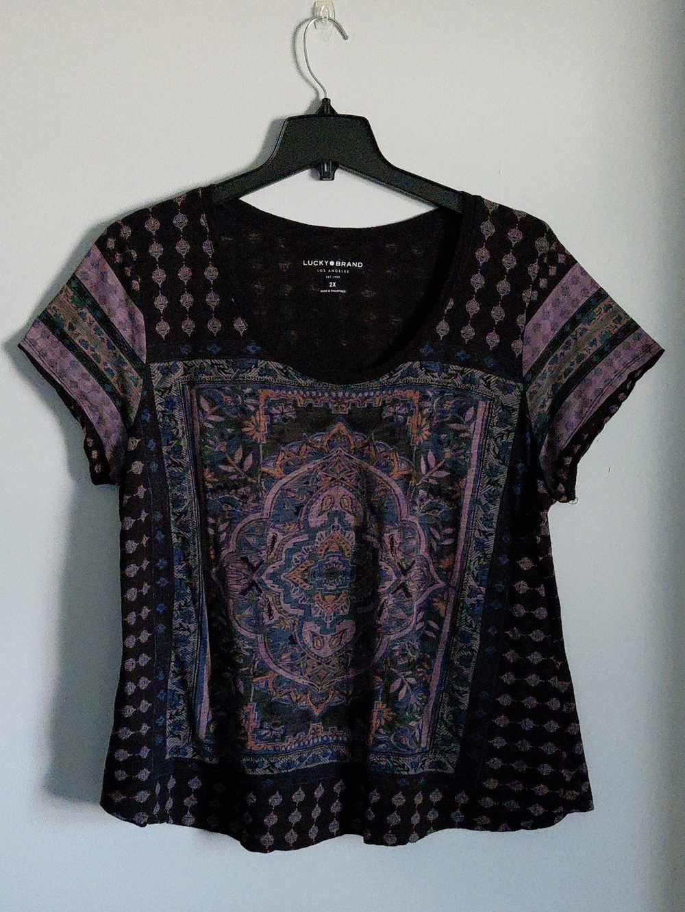 Lucky Brand Boho Mandala Tapestry Black Purple Short SleeveScoop Neck T Shirt 2X